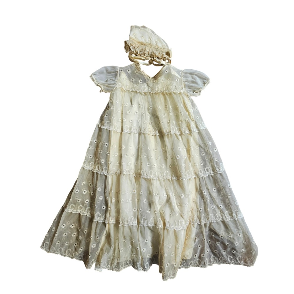 Vintage 50s Eyelet Lace Tiered Christening Dress Gown Bonnet Set M Baptism Retro